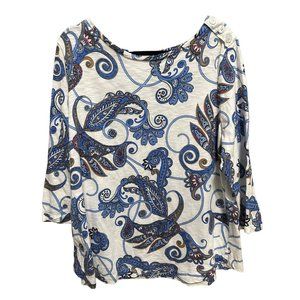 Chico’s size 3 (XL) blue paisley shoulder button accents 3/4 sleeve top FLAW